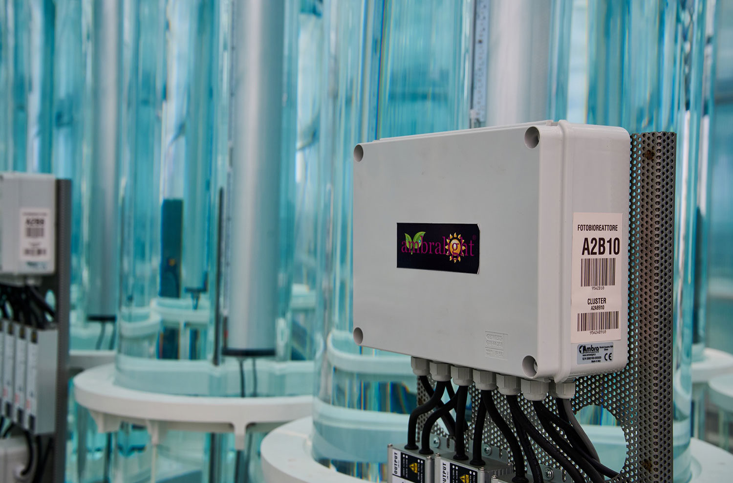 Close-up of Ambralight logo on Mat 2.0 algae bioreactor, part of a dimmable LED lighting system for algae growth and plants research.