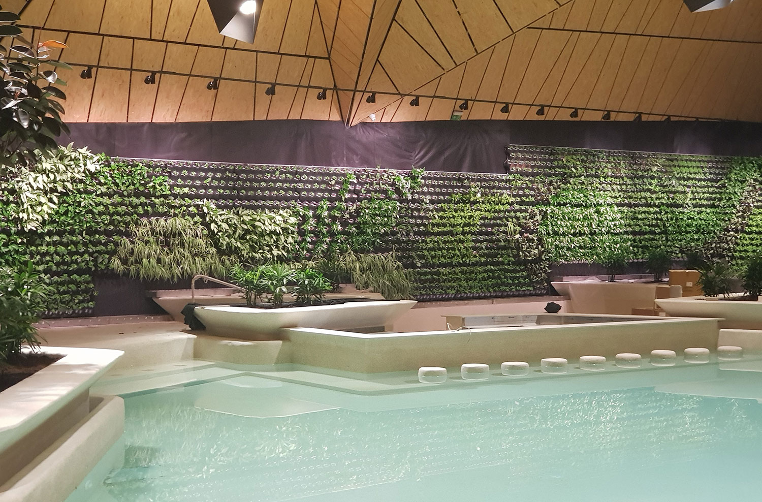 Luxury pool at Terme Olimia with vertical wall garden fully lit by Ambralight LED grow lamps integrated into custom LED lighting fixtures.